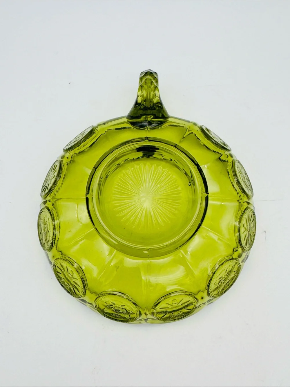Vintage Fostoria Coin Glass Handled Nappy, Olive Green